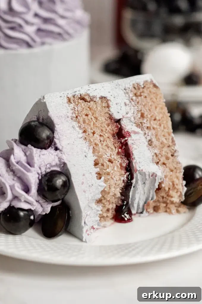 A soft purple grape cake using a cake mix and topped with buttercream swirls and black grapes.