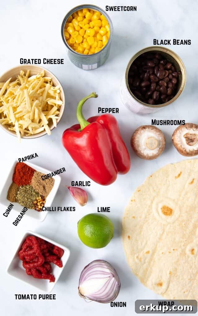 Black Bean Quesadillas Recipe with Creamy Avocado Salsa 3 ingredients, sweetcorn, cheese, black beans, pepper, mushrooms, spices, lime, tomato puree, onion, wraps.