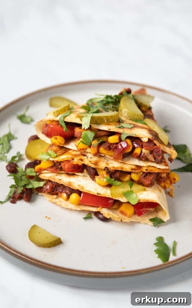 Black Bean Quesadillas Recipe with Creamy Avocado Salsa 9 One-Pan Black Bean Quesadillas in a plate.