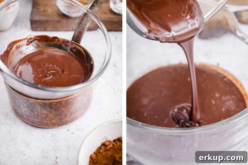 Moist Gluten-Free Chocolate Cake Recipe 10 melted chocolate in one image and being poured into cake batter in another