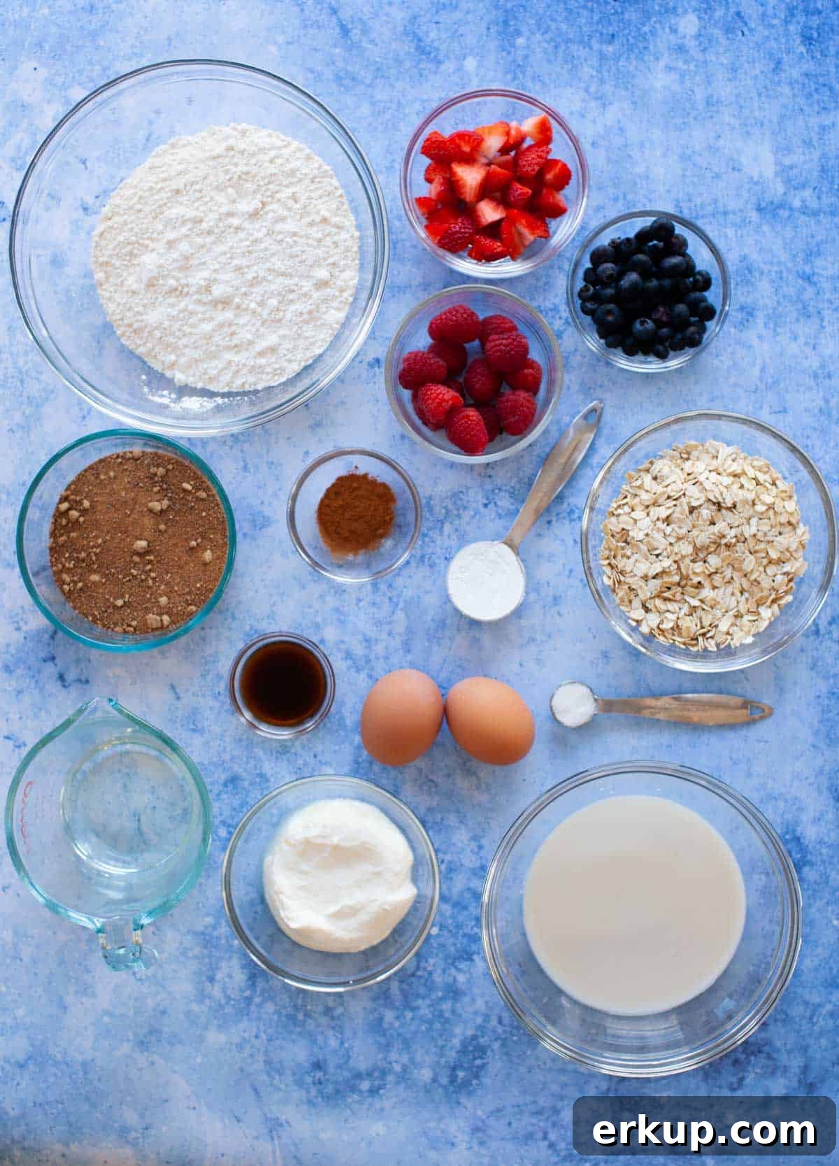 Mixed Berry Muffins Recipe: Moist Blueberry Raspberry Muffins 4 ingredients for mixed berry muffins organized in glass bowls.