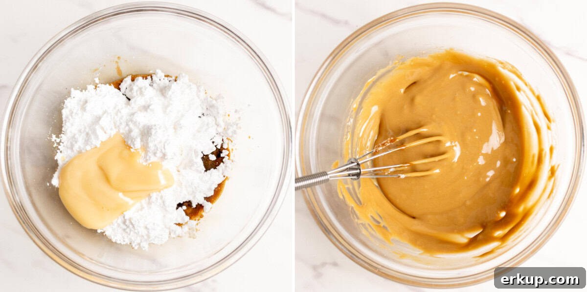 Powdered sugar and condensed milk added to a glass bowl, coffee glazed is stirred together.