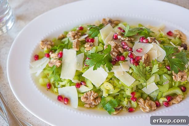 Celery Salad Recipe - On White Platter with Pomegranate