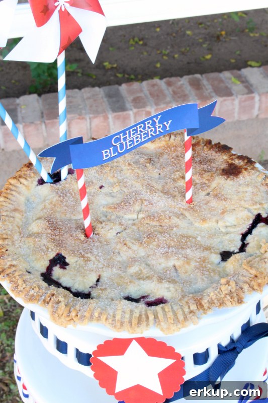 Cherry blueberry pie fresh from the oven