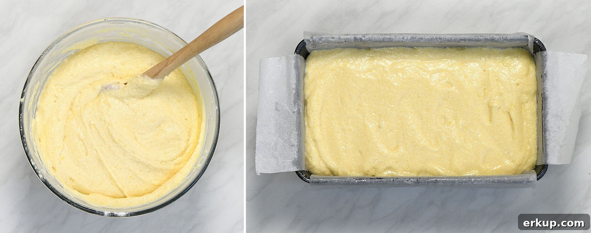 Lemon pound cake batter in a mixing bowl and spread into a parchment-lined loaf pan before baking.