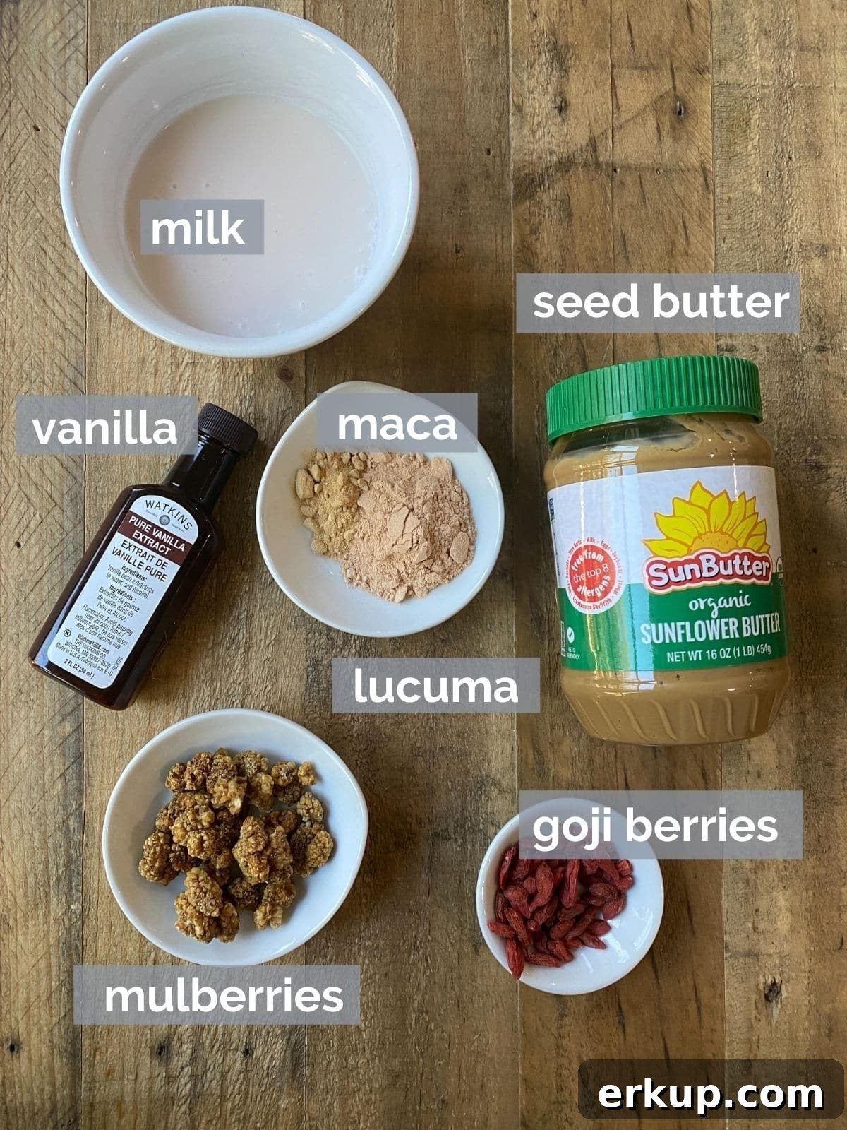 Creamy Sunflower Seed Butter and Maca Smoothie Recipe 3 Ingredients for a maca smoothie on a table.