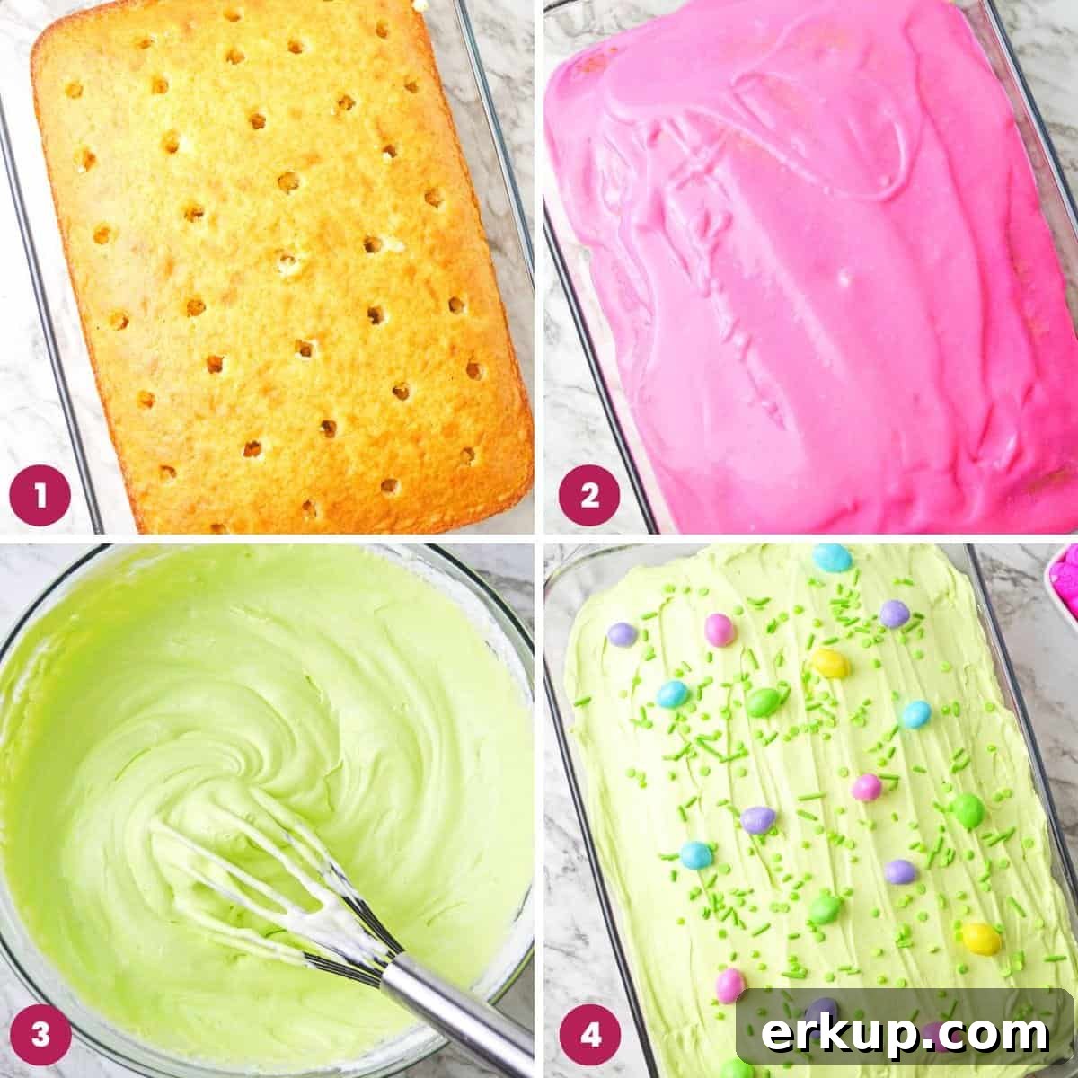 Collage of four images showing how to make an easter poke cake
