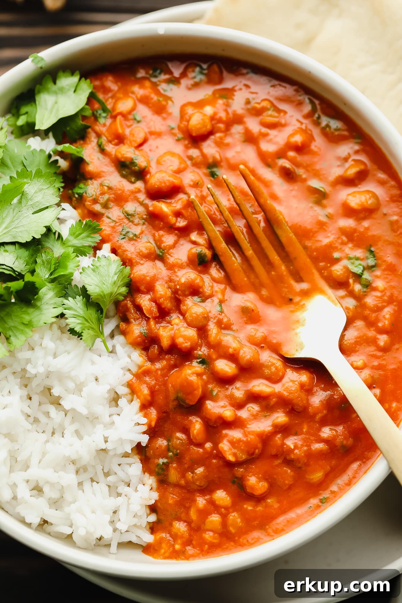 a fork in a bowlful of lentil curry with white rice.