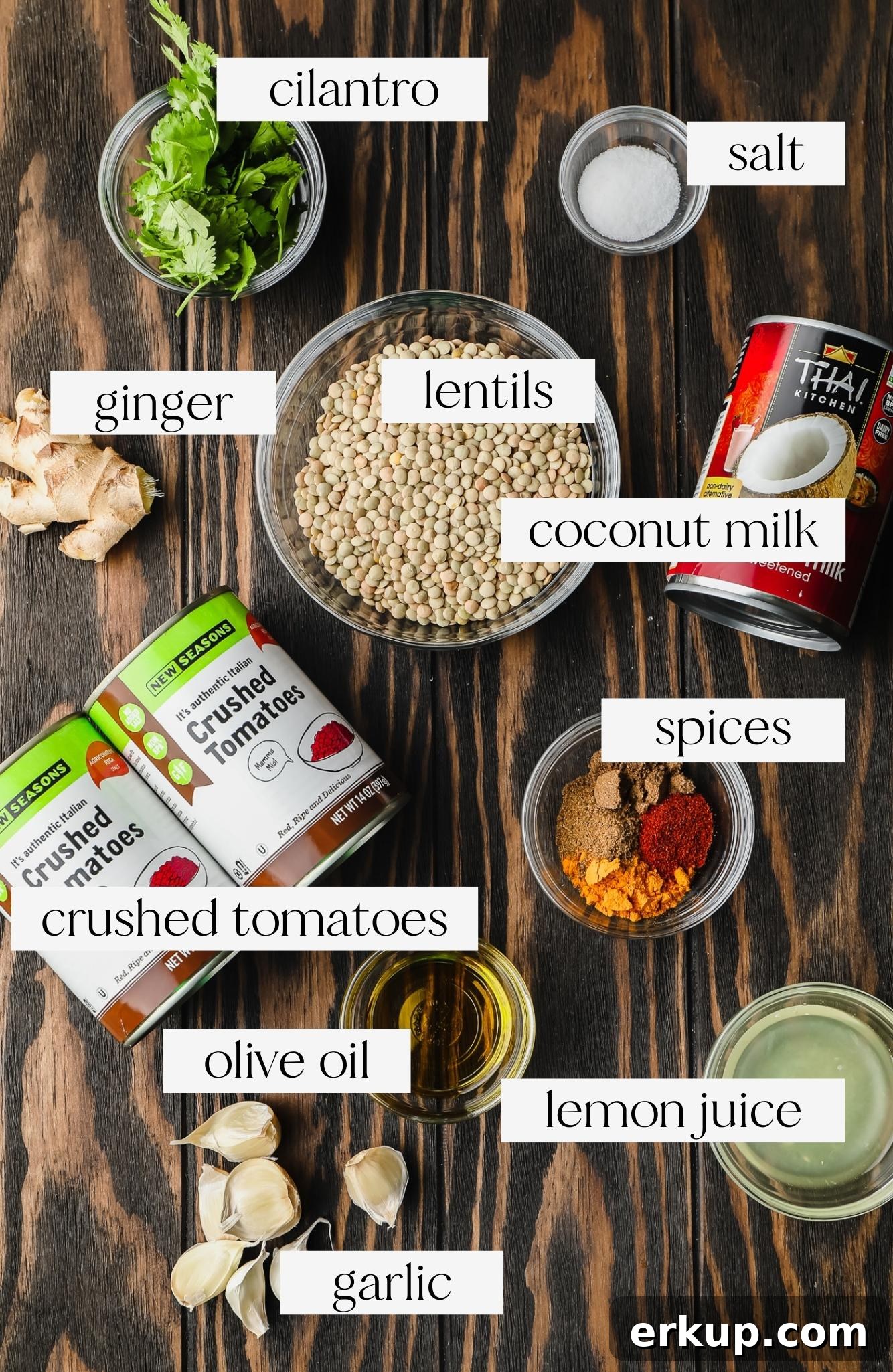 ingredients for lentil curry in individual bowls.