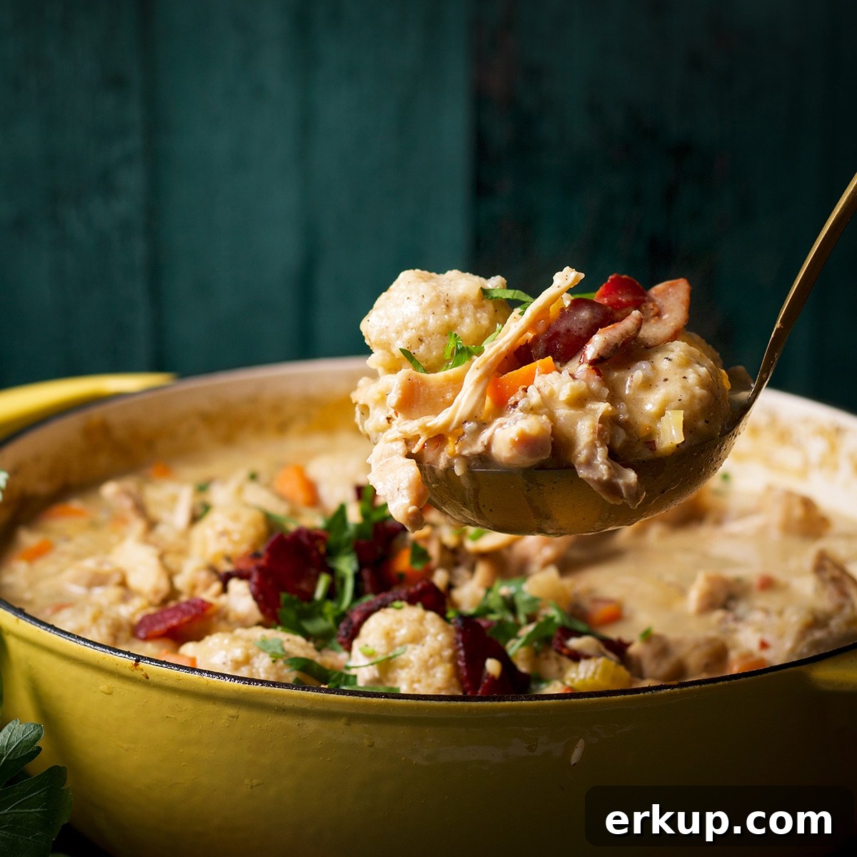 Using a ladle to serve hot chicken and wild rice soup.