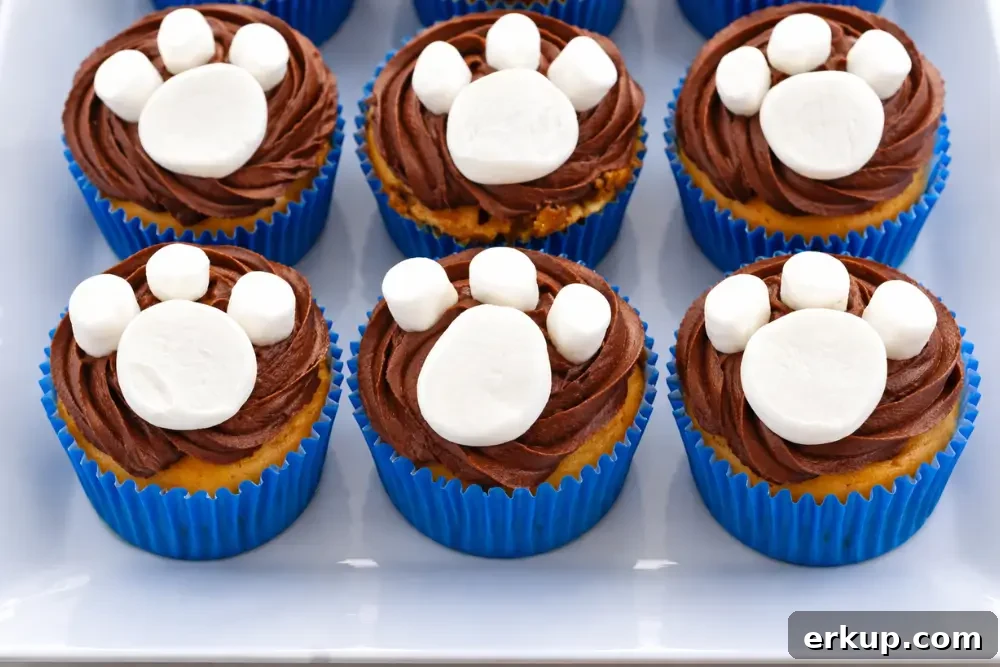 Paw Print Cupcakes decorated with chocolate icing and marshmallow paw shapes arranged on a serving plate.