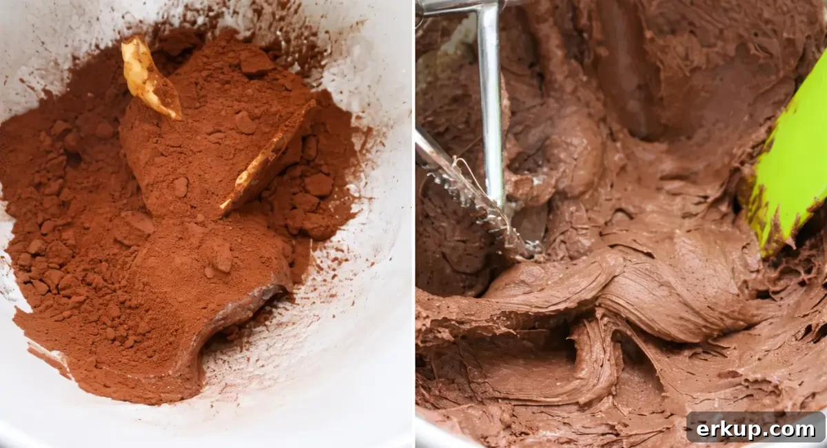 Cocoa powder and Nutella being mixed into a smooth chocolate icing with a spatula.