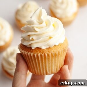 A hand holding a cupcake with vanilla bean buttercream.