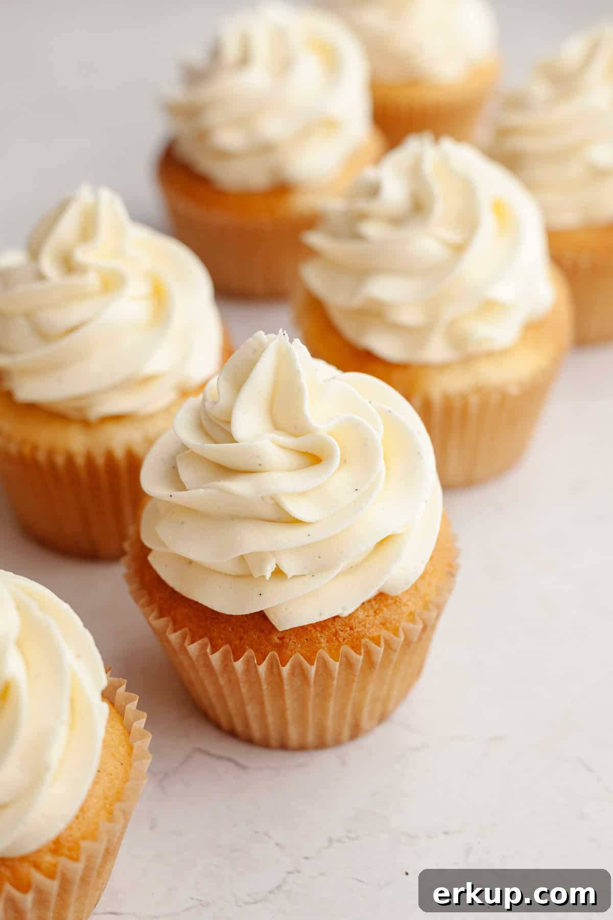 Cupcakes frosted with vanilla bean buttercream.