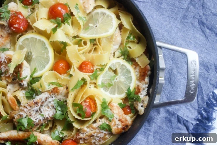 closeup of chicken piccata pasta