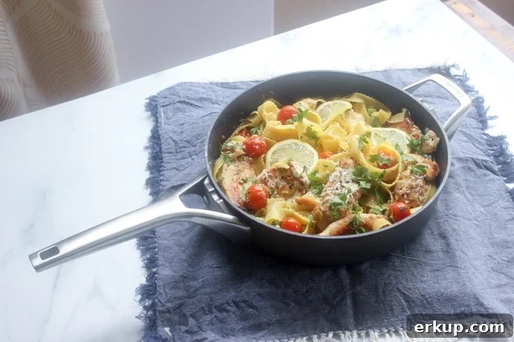 one pan chicken piccata pasta on a table