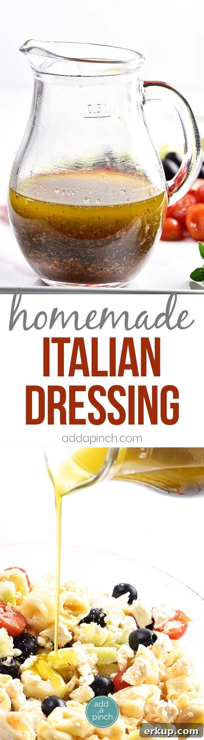 Homemade Italian Dressing Recipe - Homemade Italian Dressing is such a quick and easy salad dressing recipe! Made with olive oil, vinegar, herbs and spices, this Italian Dressing recipe is one that everyone always loves! // addapinch.com
