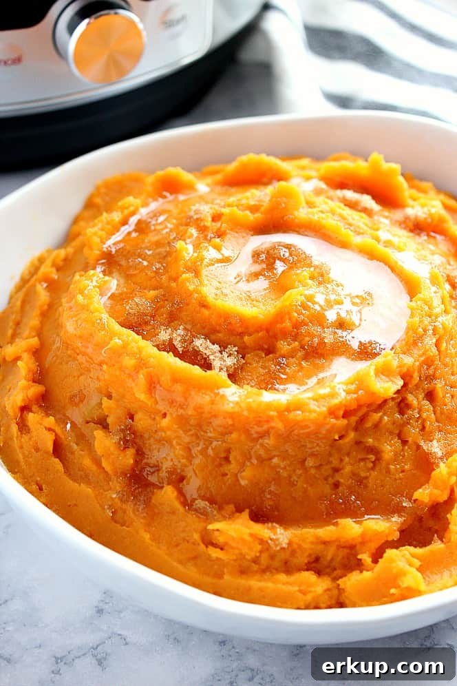 Close up shot on Instant Pot mashed sweet potatoes in white serving bowl, with melted butter on top.