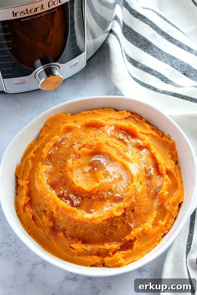 Overhead shot of mashed sweet potatoes in white bowl, next to Instant Pot.