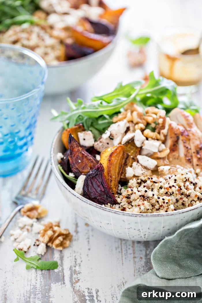Chicken, Beet, and Arugula Quinoa Bowl with Walnut Sherry Molasses Vinaigrette