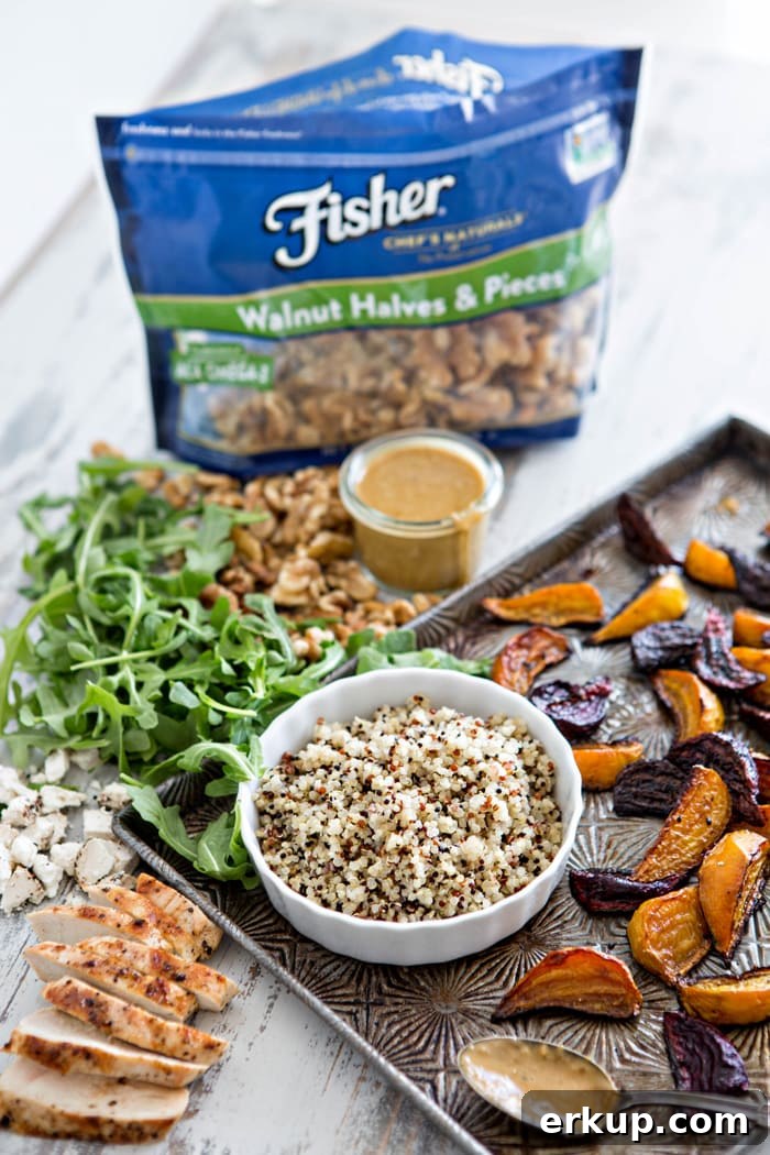 Chicken, Beet, and Arugula Quinoa Bowl with Walnut Sherry Molasses Vinaigrette