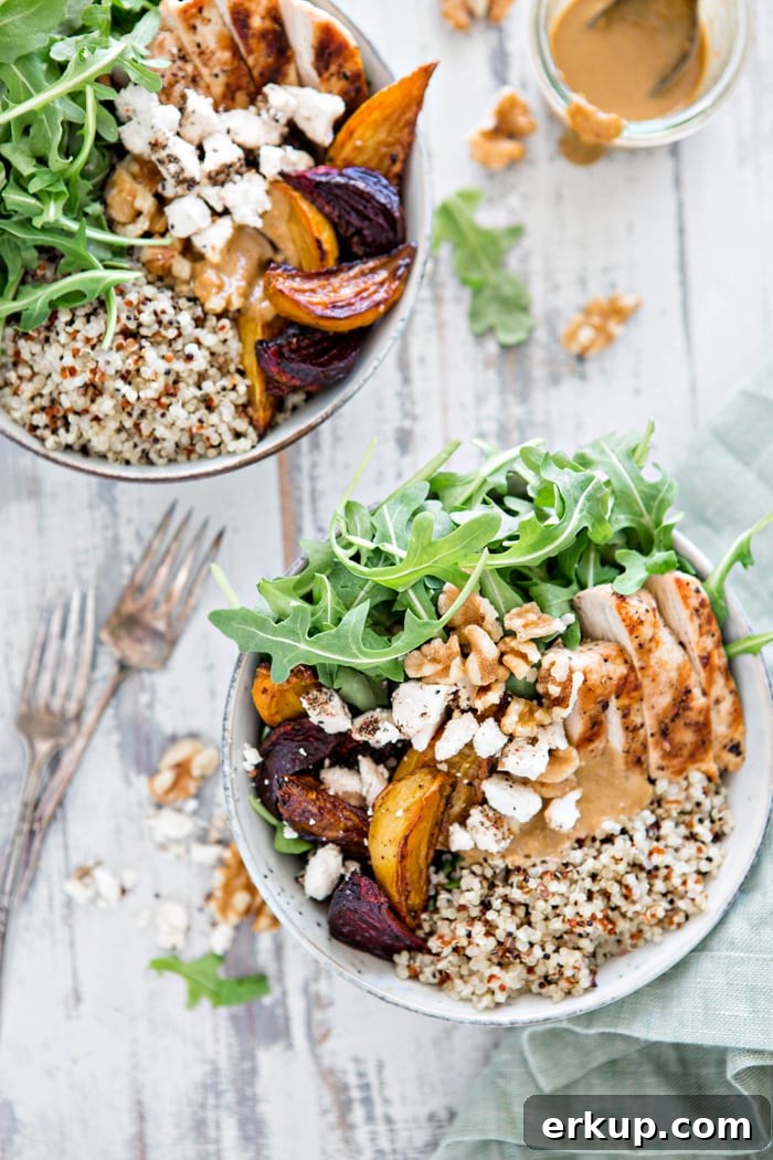 Chicken, Beet, and Arugula Quinoa Bowl with Walnut Sherry Molasses Vinaigrette