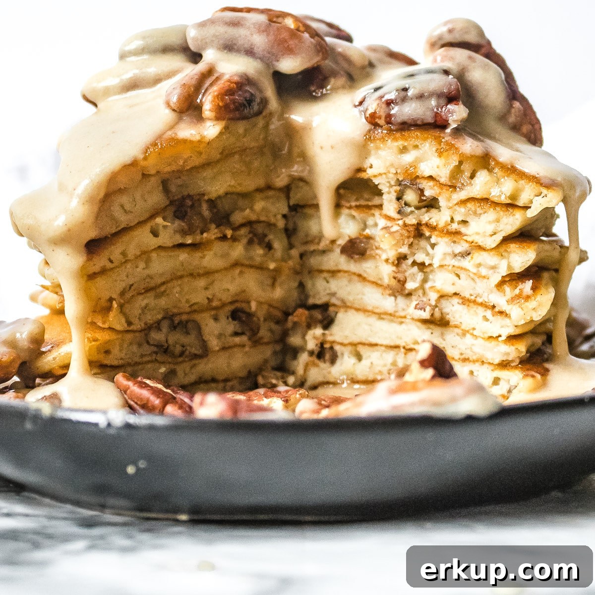 stack of banana cinnamon pancakes cut