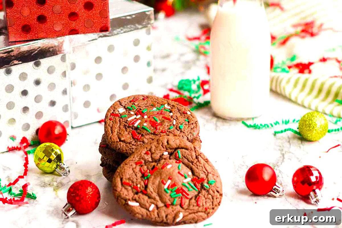 Chocolate cake mix cookies for Christmas. Some chocolate cookies with Christmas ornaments and a bottle of milk.