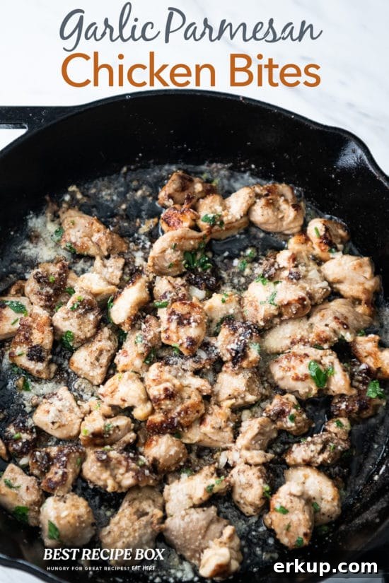 Garlic Parmesan Chicken Bites Recipe on cast iron pan