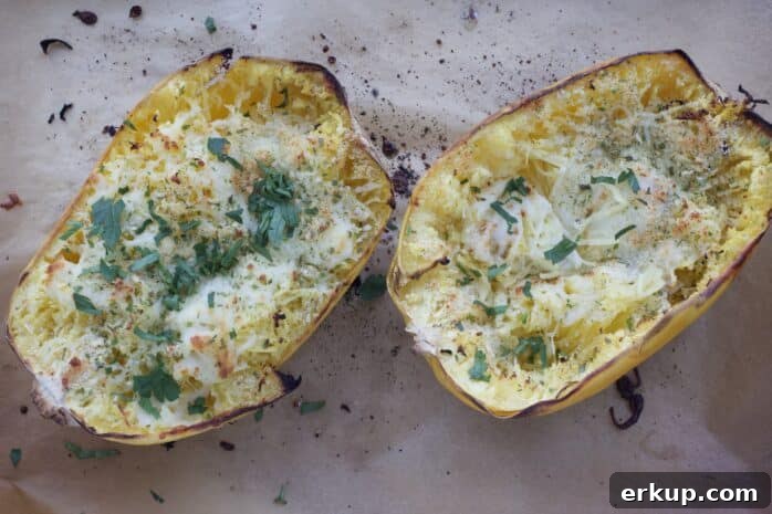 Roasted Garlic Spaghetti Squash with Melted Cheese 5 two spaghetti squash halves with melted cheese and herbs