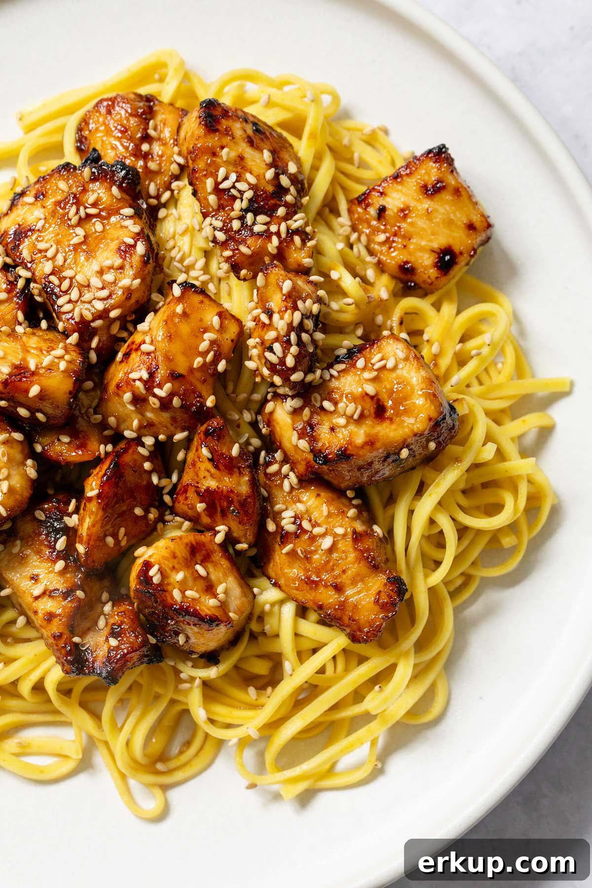 Air fryer hoisin chicken served over noodles