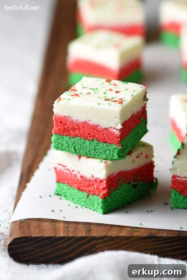Layers of red, green, and white, make this Christmas fudge so festive! Perfect for any holiday dessert tray.