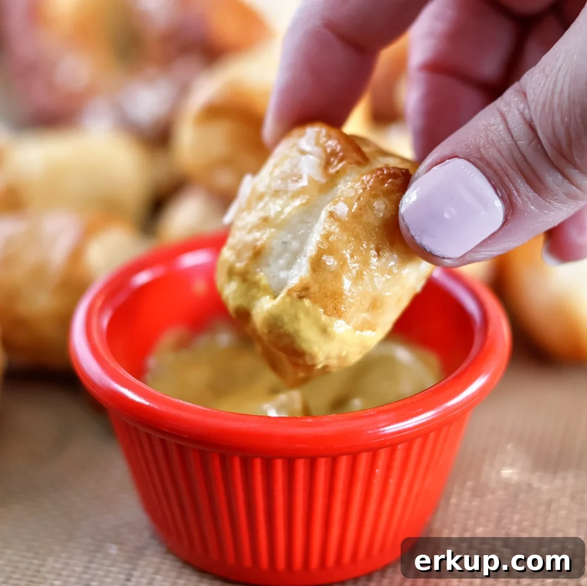pretzel bite being dipped in mustard in a bright red plastic dipping bowl.