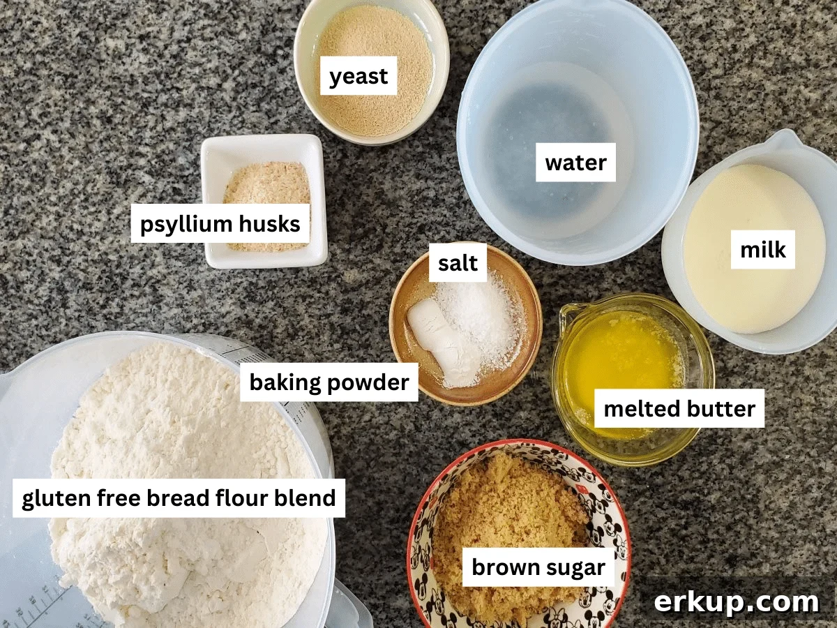 ingredients measured out and labeled on granite countertop.