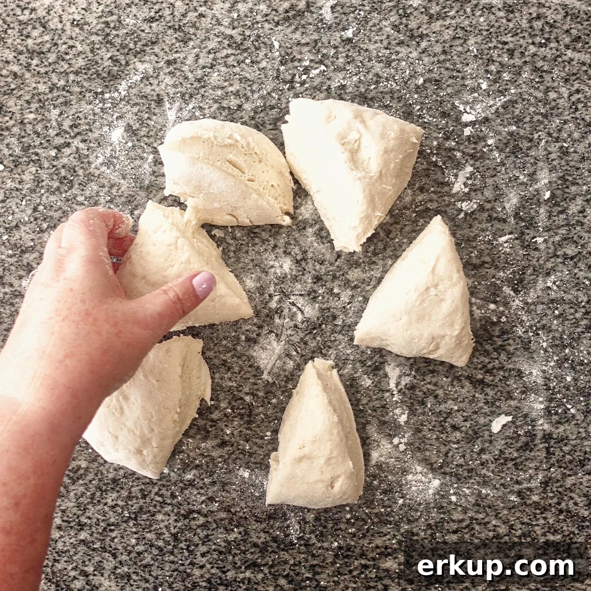 dough divided into 6 equal pieces.