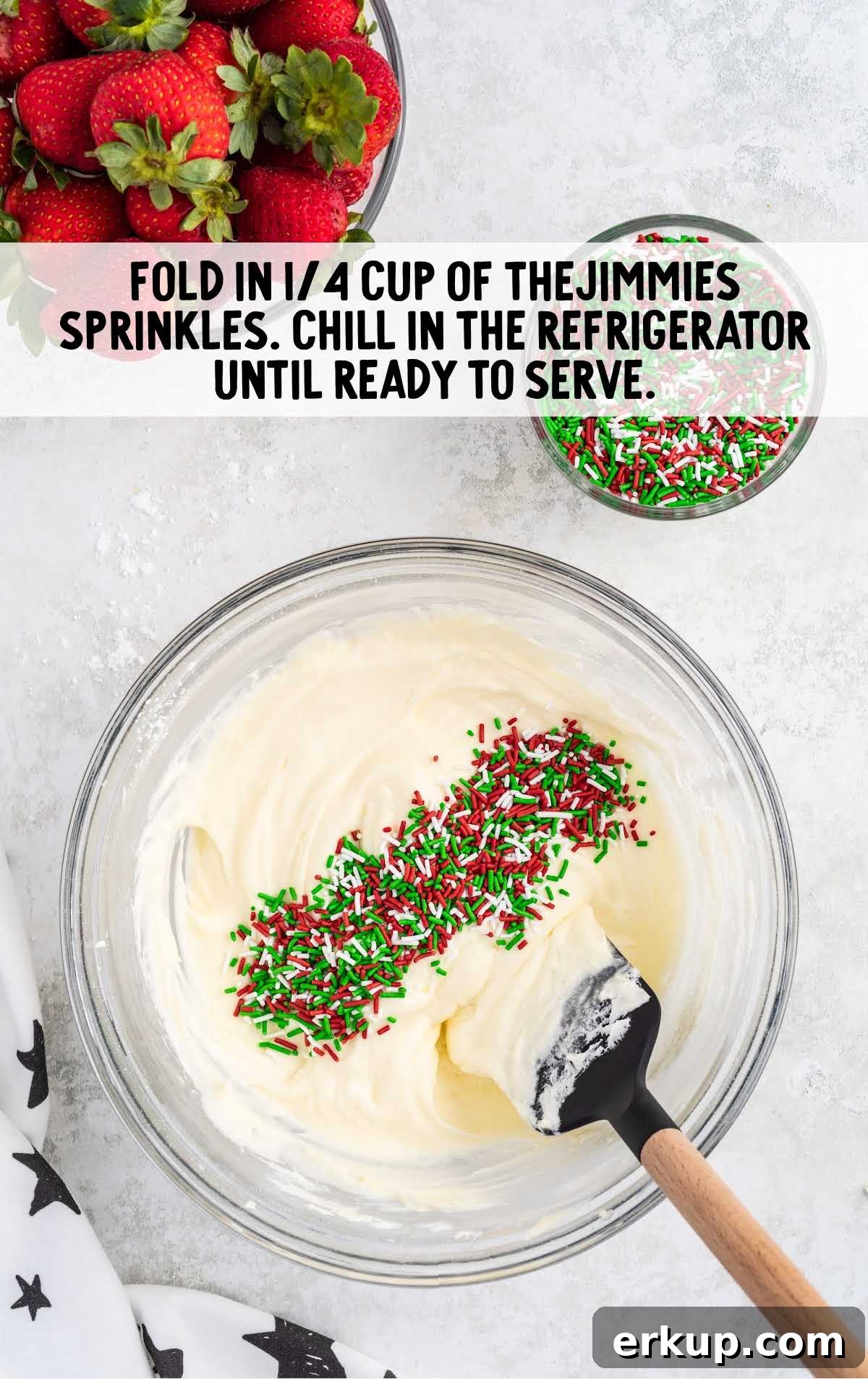 Creamy Christmas Sugar Cookie Dip Recipe for Holiday Parties 6 Jimmies sprinkles folded into the dip in a bowl