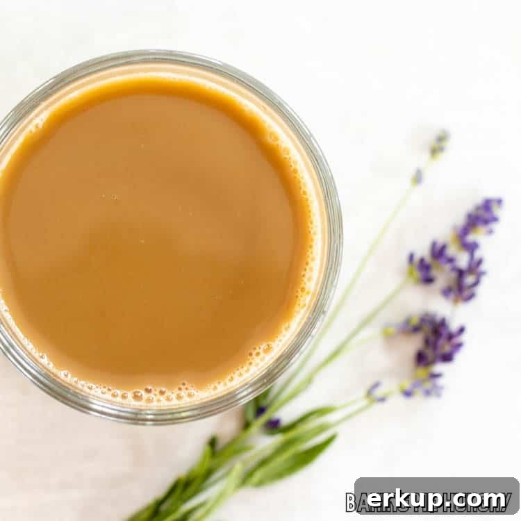 How to Make Lavender Coffee at Home 9 overhead shot of lavender coffee recipe in glass mug