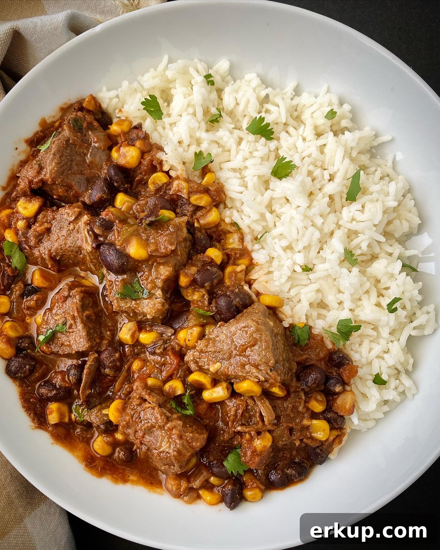 Slow Cooker Salsa Beef Stew Recipe 2 overhead shot of salsa beef stew in a white bowl served with white rice garnished with cilantro