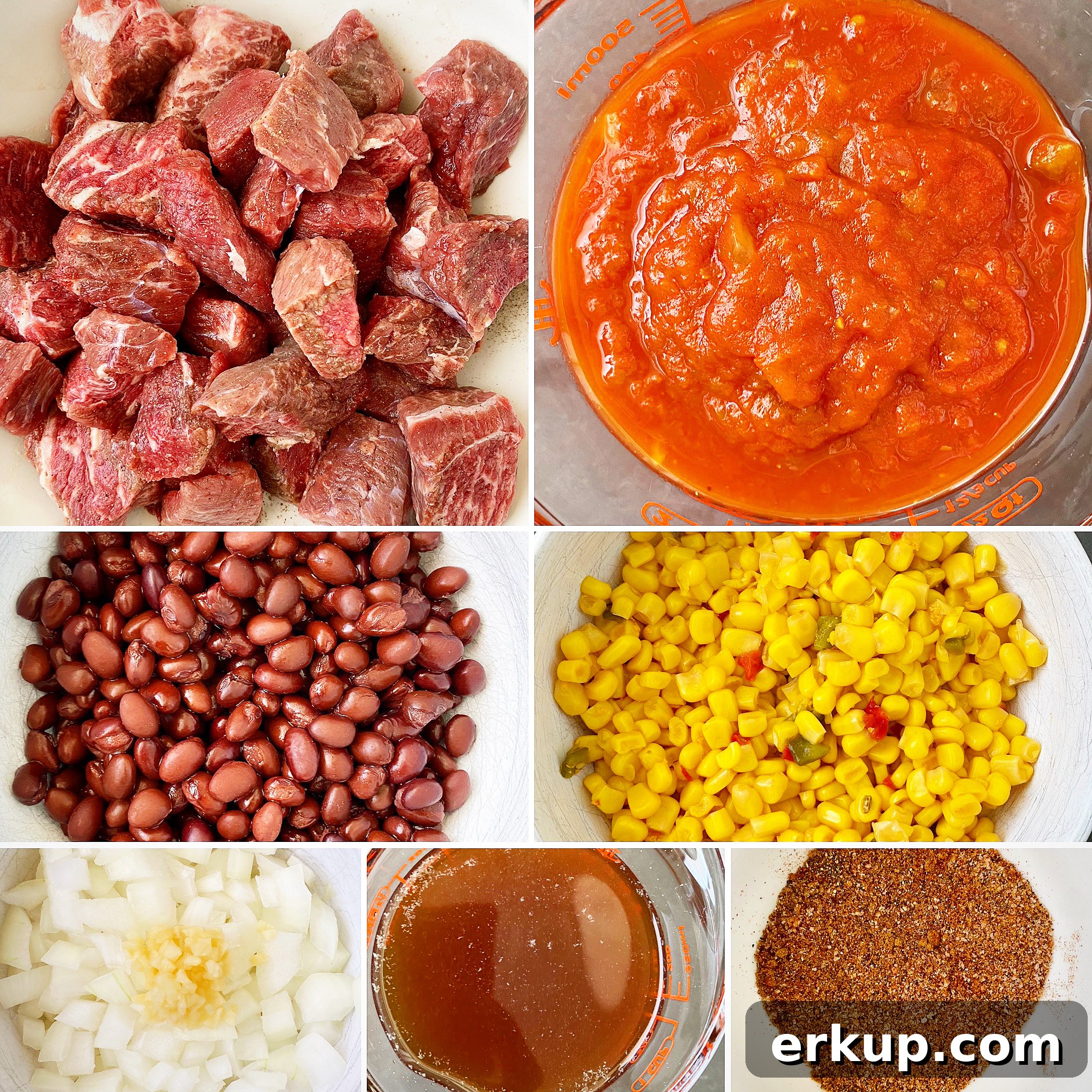 Slow Cooker Salsa Beef Stew Recipe 3 collage of ingredients for crockpot salsa beef stew
