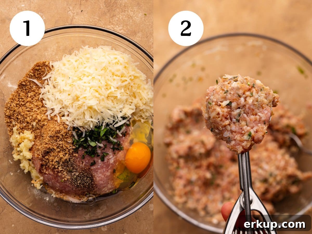 Classic Italian Chicken Meatballs in Marinara Sauce 4 A collage of two images showing how to make Italian chicken meatballs. The first image, step one, is a clear glass bowl filled with all the meatball ingredients before being mixed. The second image, step two, is a ice cream scoop with meatball mixture in eat being held over the clear bowl with the mixed meatball ingredients.