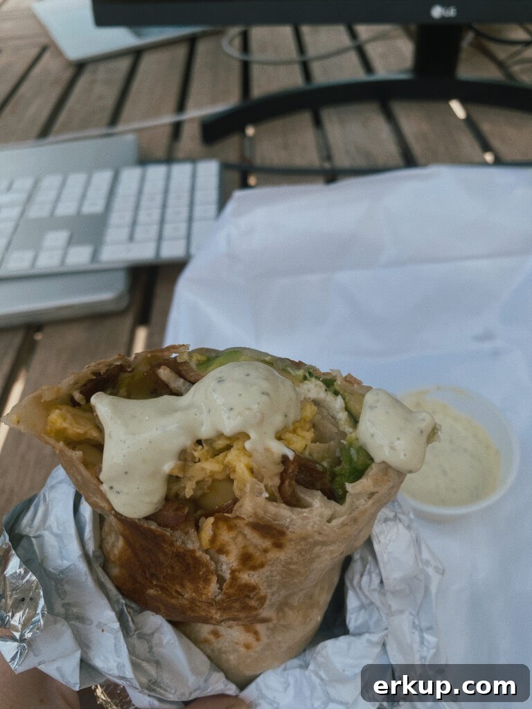 Skier's Breakfast Burrito | Beaumont Bakery 4 Breakfast burrito with sauce