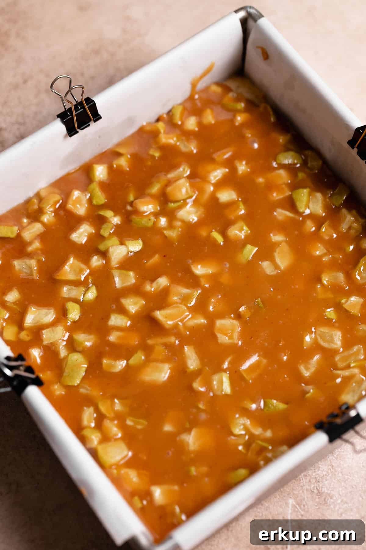 The caramel apple layer poured on top of the shortbread crust.