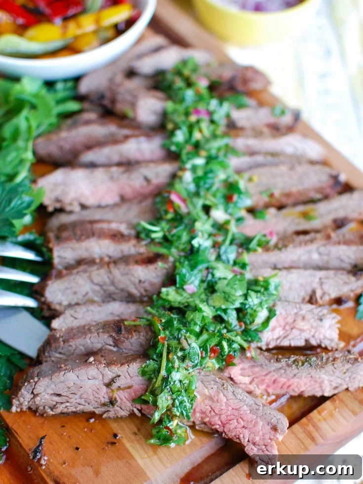Easy Grilled Flank Steak with Chimichurri Sauce Cutting Board 