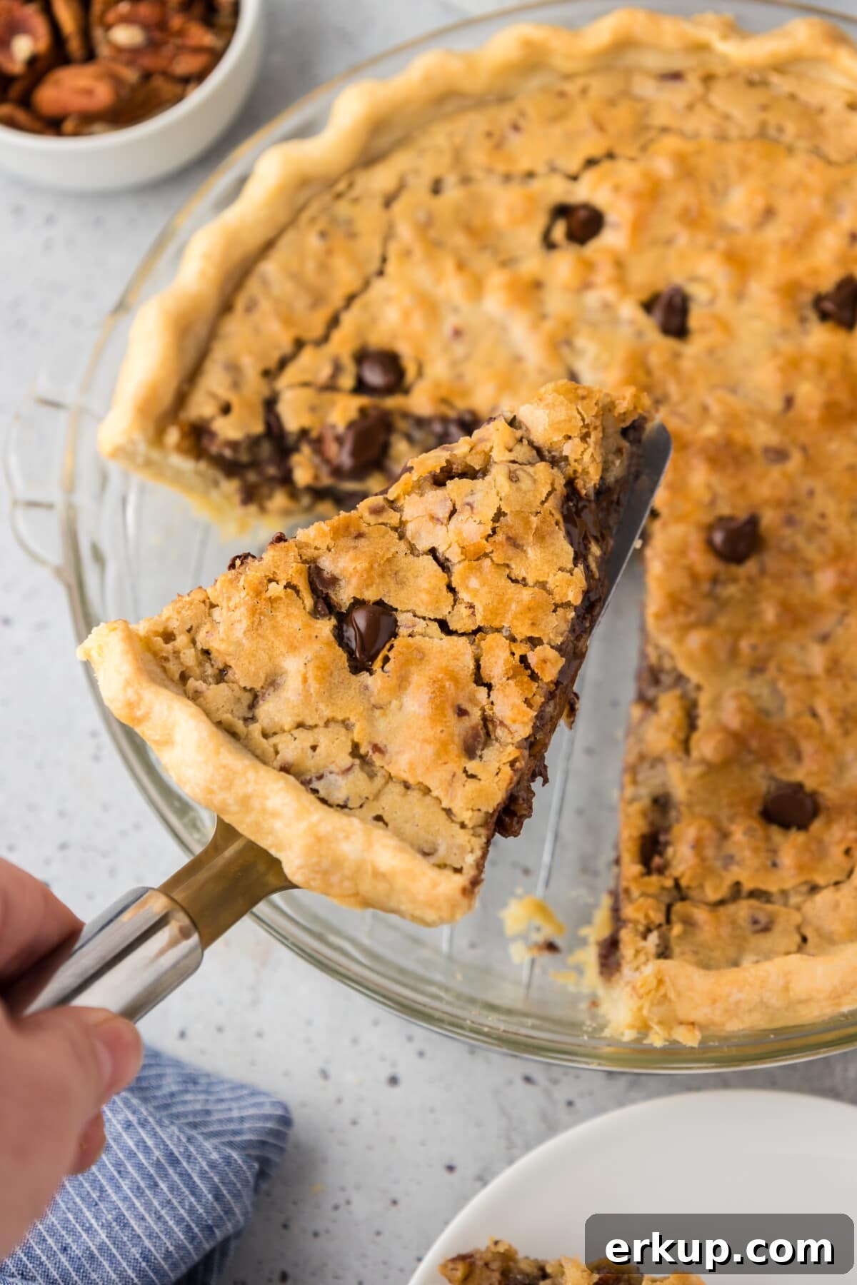 Chocolate chip pie on a spatula