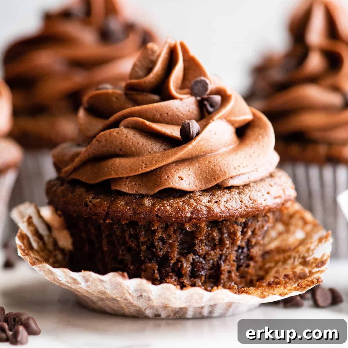 front view of a chocolate cupcake with chocolate frosting with the wrapper unwrapped