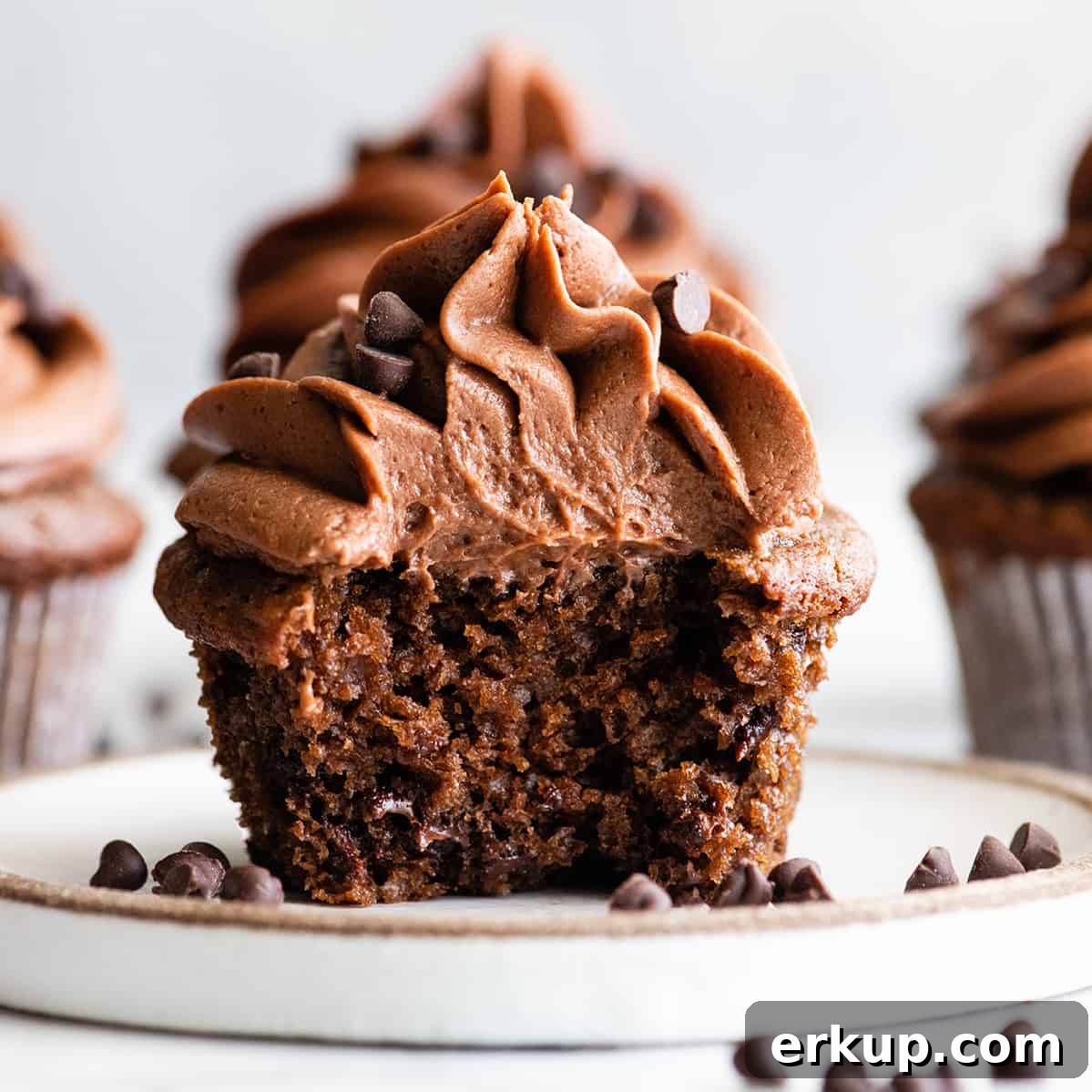 front photo of a chocolate cupcake with a bite taken out of it on a plate