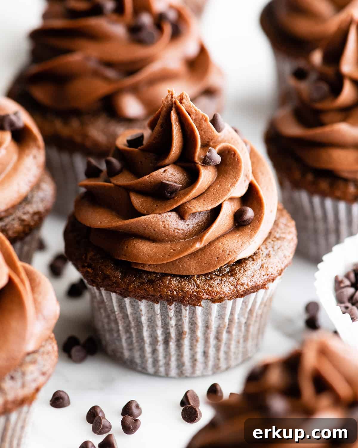 front view of chocolate cupcakes with chocolate frosting