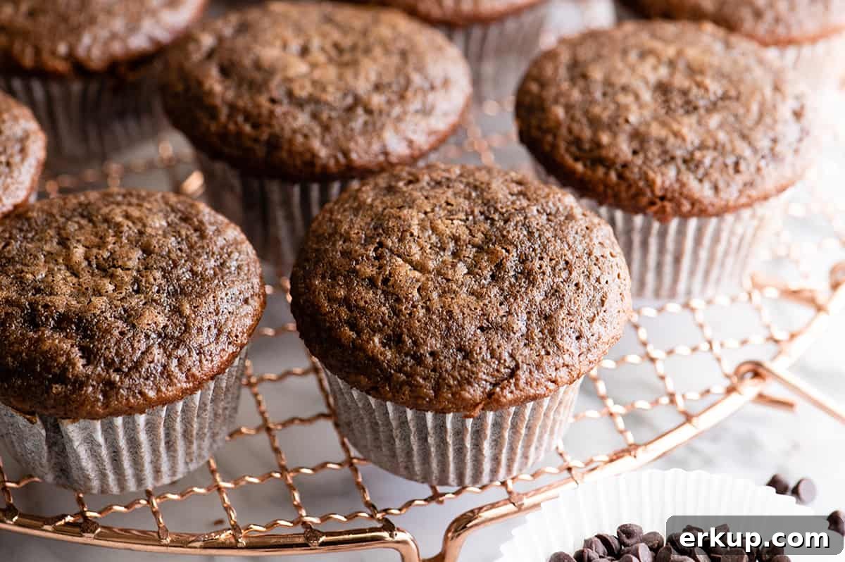front view of 6 chocolate cupcakes cooling on a wire cooling rack