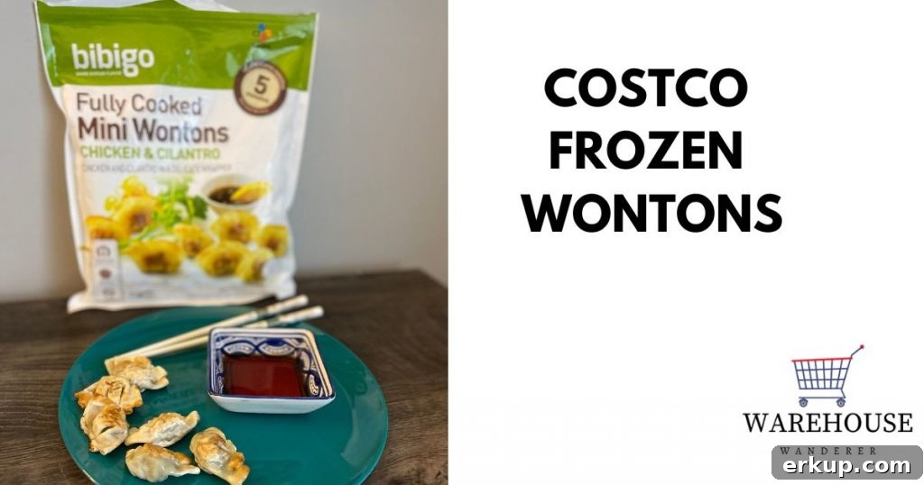 Picture of Costco Frozen Wontons cooked and a package of Bibigo fully cooked wontons