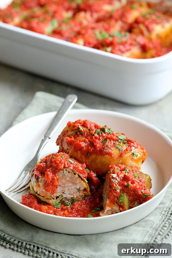 Two cabbage rolls in a bowl with one cut open
